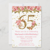 Roze Bloemen Goud Glitter 65e Verjaardagsfeestje Kaart (Voorkant)