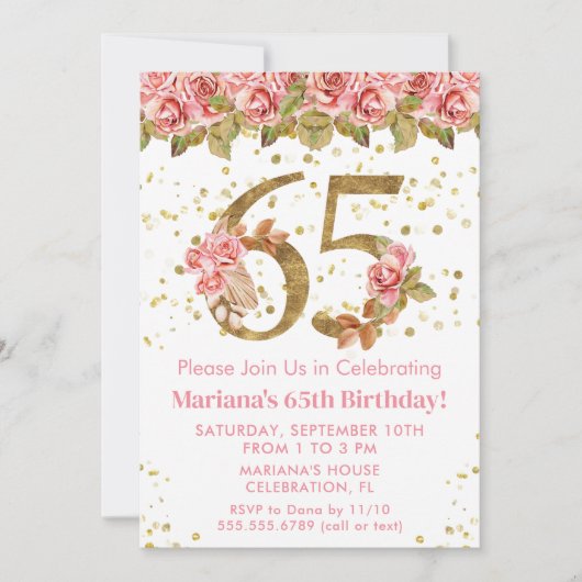 Roze Bloemen Goud Glitter 65e Verjaardagsfeestje Kaart (Voorkant)