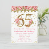 Roze Bloemen Goud Glitter 65e Verjaardagsfeestje Kaart (Staand voorkant)