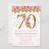 Roze Bloemen Goud Glitter 70e Verjaardagsfeest Kaart (Voorkant)
