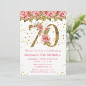 Roze Bloemen Goud Glitter 70e Verjaardagsfeest Kaart (Staand voorkant)