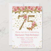 Roze Bloemen Goud Glitter 75e Verjaardagsfeestje Kaart (Voorkant)