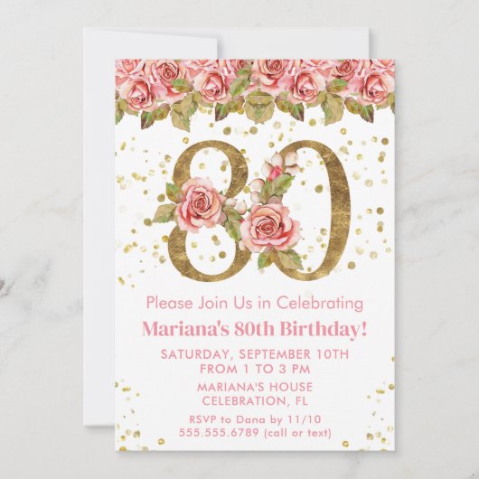 Roze Bloemen Goud Glitter 80e Verjaardagsfeest Kaart (Voorkant)