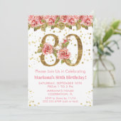Roze Bloemen Goud Glitter 80e Verjaardagsfeest Kaart (Staand voorkant)