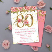Roze Bloemen Goud Glitter 80e Verjaardagsfeest Kaart