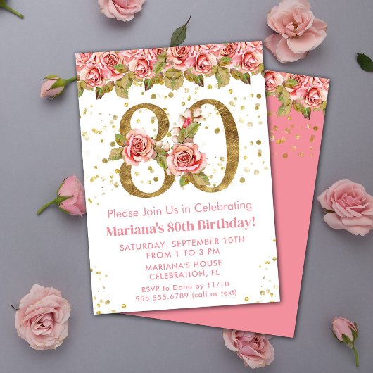 Roze Bloemen Goud Glitter 80e Verjaardagsfeest Kaart