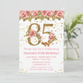 Roze Bloemen Goud Glitter 85e Verjaardagsfeestje Kaart (Staand voorkant)