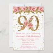 Roze Bloemen Goud Glitter 90ste Verjaardagsfeestje Kaart (Voorkant)