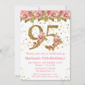 Roze Bloemen Goud Glitter 95e Verjaardagsfeestje Kaart (Voorkant)