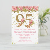Roze Bloemen Goud Glitter 95e Verjaardagsfeestje Kaart (Staand voorkant)