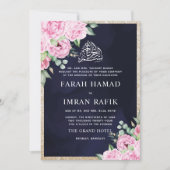 Roze Bloemen Goud Glitter Blauw Moslim Bruiloft Kaart (Voorkant)