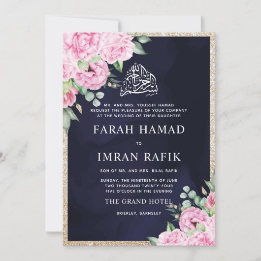 Roze Bloemen Goud Glitter Blauw Moslim Bruiloft Kaart (Voorkant)