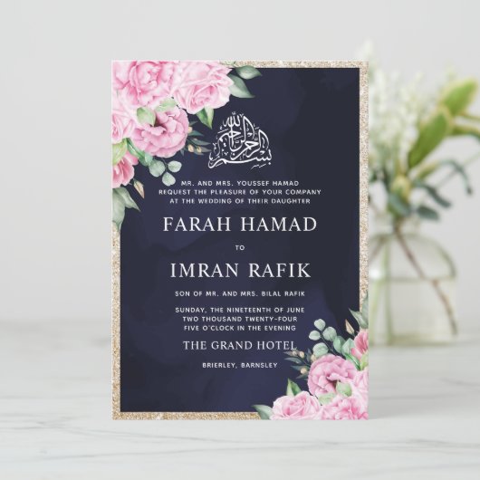 Roze Bloemen Goud Glitter Blauw Moslim Bruiloft Kaart (Staand voorkant)