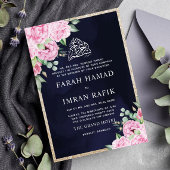 Roze Bloemen Goud Glitter Blauw Moslim Bruiloft Kaart