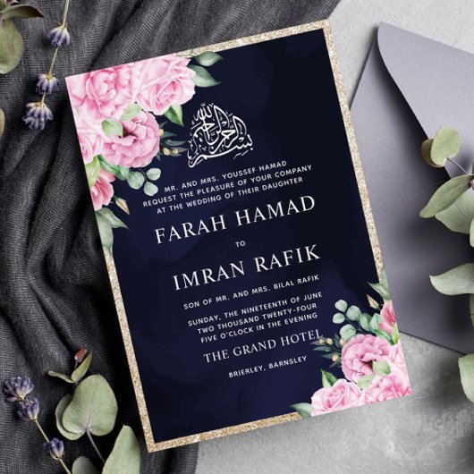 Roze Bloemen Goud Glitter Blauw Moslim Bruiloft Kaart