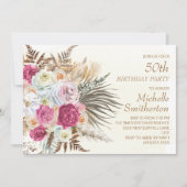 Roze Bloemen Goud Glitter Cream 50e Verjaardag Kaart (Voorkant)