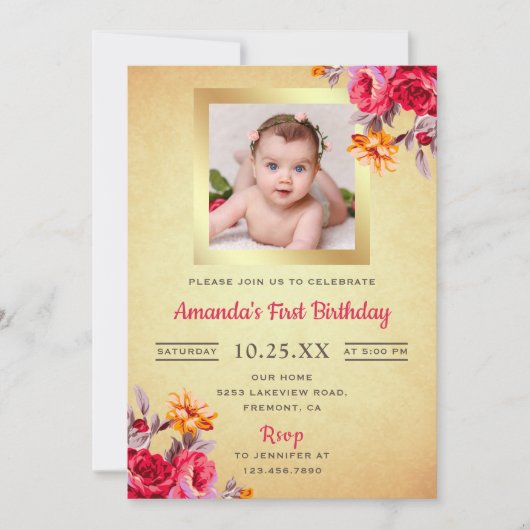 Roze Bloemen Goud Glitter Eerste Verjaardag Uitnod Kaart (Voorkant)