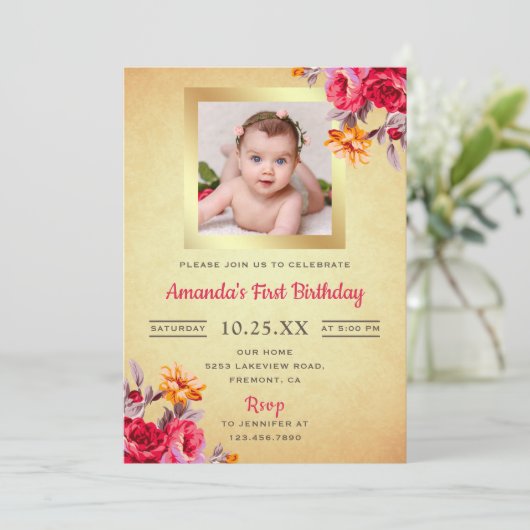 Roze Bloemen Goud Glitter Eerste Verjaardag Uitnod Kaart (Staand voorkant)