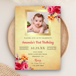Roze Bloemen Goud Glitter Eerste Verjaardag Uitnod Kaart