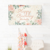 Roze Bloemen Goud Glitter Happy Birthday Script Spandoek (Insitu)