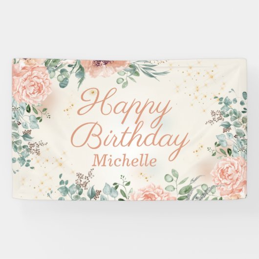 Roze Bloemen Goud Glitter Happy Birthday Script Spandoek (Horizontaal)