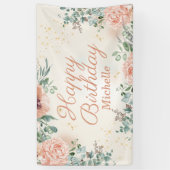 Roze Bloemen Goud Glitter Happy Birthday Script Spandoek (Verticaal)
