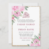 Roze Bloemen Goud Glitter Islamitische Moslim Brui Kaart (Voorkant)