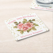 Roze Bloemen Goud Glitter Verjaardagsfeest Kartonnen Onderzetters (Schuin)