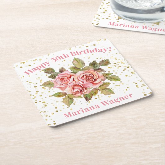 Roze Bloemen Goud Glitter Verjaardagsfeest Kartonnen Onderzetters (Schuin)