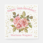 Roze Bloemen Goud Glitter Verjaardagsfeest Servet (Voorkant)