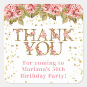 Roze Bloemen Goud Glitter Verjaardagsfeestgunsten Vierkante Sticker (Voorkant)