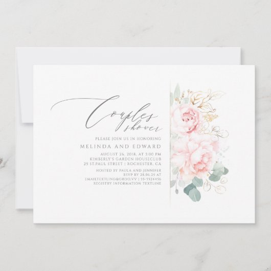 Roze Bloemen Goud Groen Koppels Douche Kaart (Voorkant)