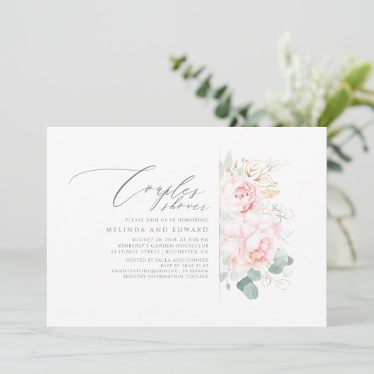 Roze Bloemen Goud Groen Koppels Douche Kaart (Staand voorkant)