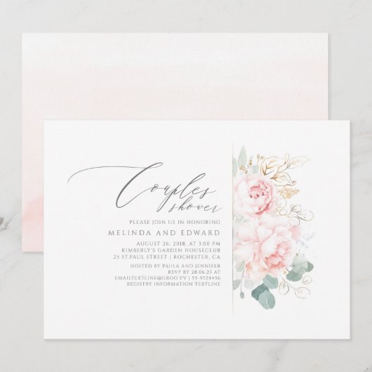 Roze Bloemen Goud Groen Koppels Douche Kaart (Voorkant / Achterkant)