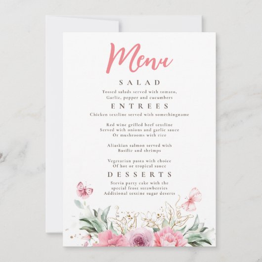 Roze Bloemen Goud Groen Vlinders Party Menu Kaart (Voorkant)