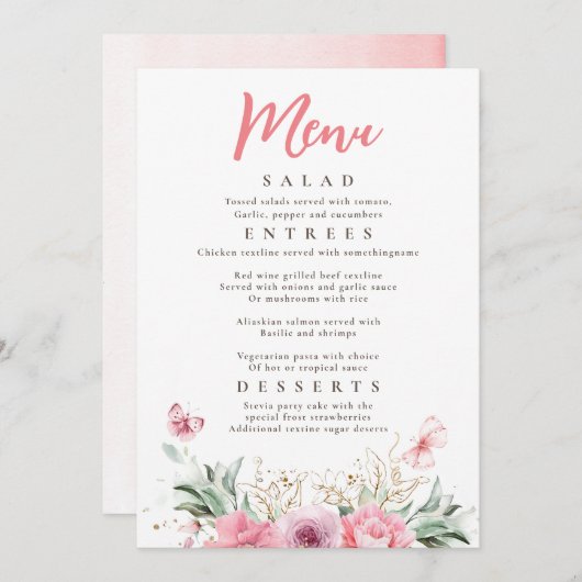 Roze Bloemen Goud Groen Vlinders Party Menu Kaart (Voorkant / Achterkant)