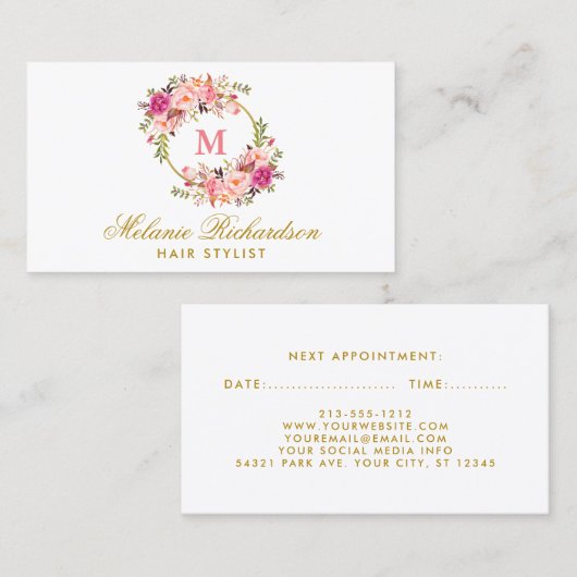Roze Bloemen Goud Haar Stylist Afspraakkaart M Afsprakenkaartje (Voorkant / Achterkant)
