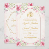  Roze Bloemen Goud Islamitische Moslim Huwelijk Kaart (Voorkant / Achterkant)