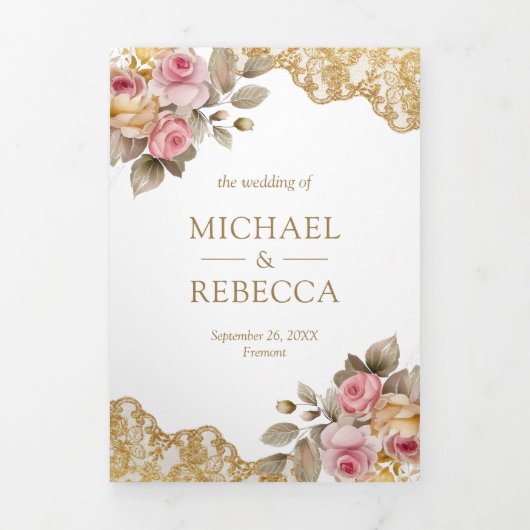 Roze Bloemen Goud Kant QR Code Foto Bruiloft Drieluik Uitnodiging (Cover)