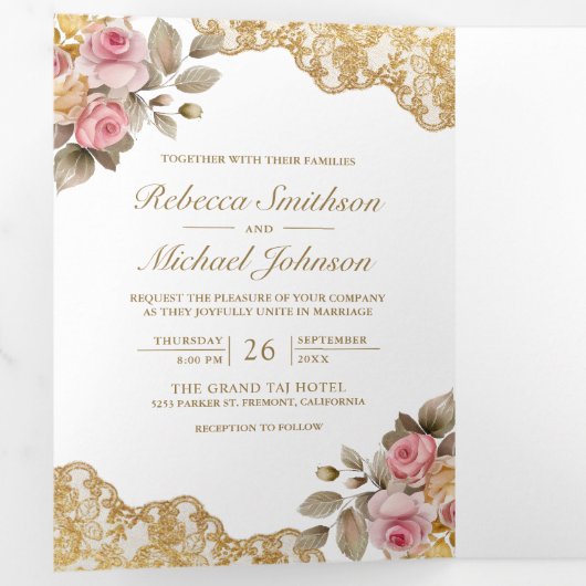 Roze Bloemen Goud Kant QR Code Foto Bruiloft Drieluik Uitnodiging (Binnenzijde eerst)