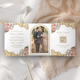 Roze Bloemen Goud Kant QR Code Foto Bruiloft Drieluik Uitnodiging