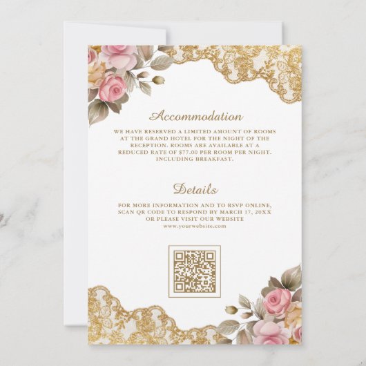 Roze Bloemen Goud Kant QR Code Moslim Bruiloft Kaart (Achterkant)