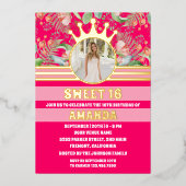 Roze Bloemen Goud Kroon Prinses Sweet 16 Foto Folie Uitnodiging (Voorkant)