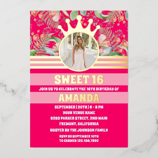 Roze Bloemen Goud Kroon Prinses Sweet 16 Foto Folie Uitnodiging (Voorkant)