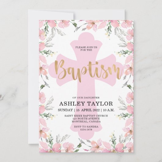 Roze Bloemen Goud Kruis Doop uitnodiging (Voorkant)