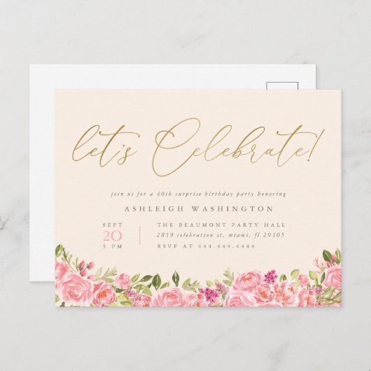 Roze Bloemen Goud Let's Celebrate Surprise Verjaar Uitnodiging Briefkaart (Voorkant / Achterkant)