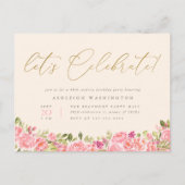 Roze Bloemen Goud Let's Celebrate Surprise Verjaar Uitnodiging Briefkaart (Voorkant)