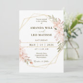 Roze Bloemen Goud Lijst Chic Minimalistische Huwel Kaart (Staand voorkant)