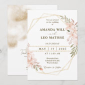 Roze Bloemen Goud Lijst Chic Minimalistische Huwel Kaart (Voorkant / Achterkant)