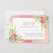 Roze bloemen goud lijst floral boho bruiloft RSVP kaartje (Voorkant)